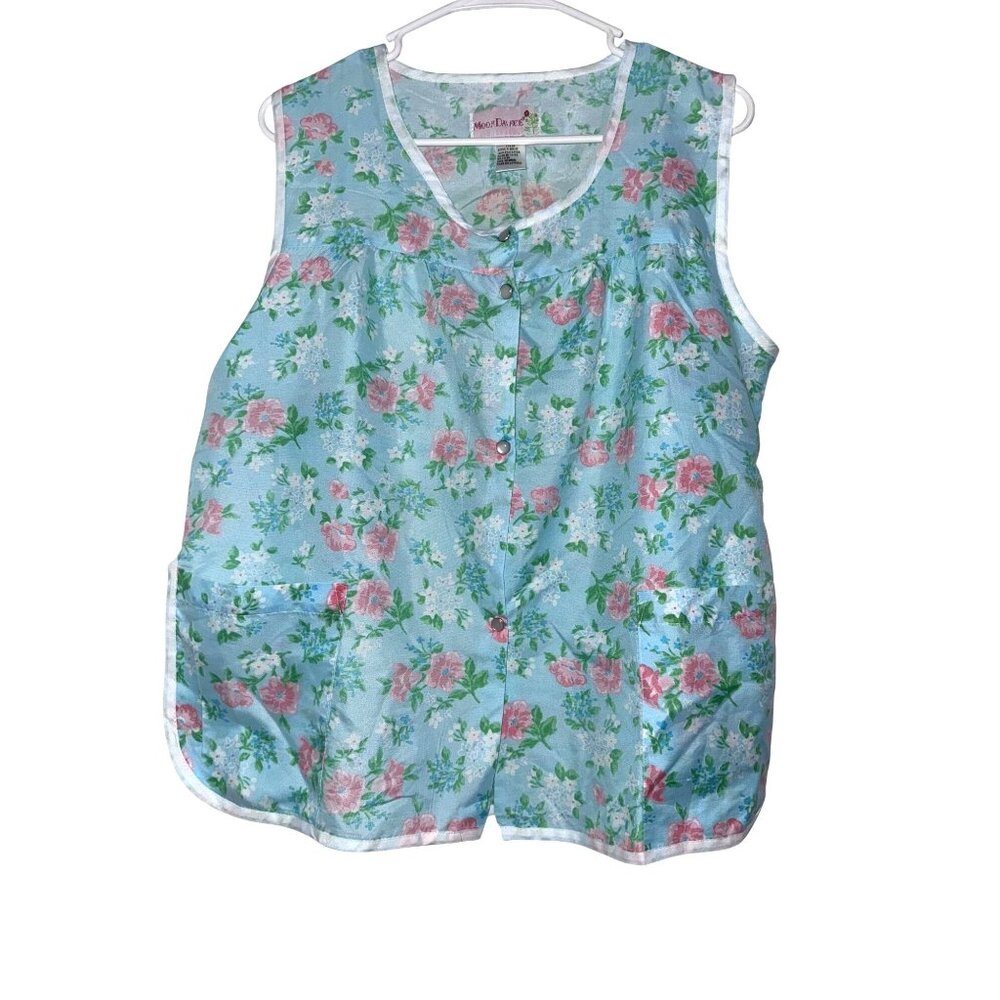 Floral Blue Sleeveless Womens Apron-Style Top With Pockets By MoonDance